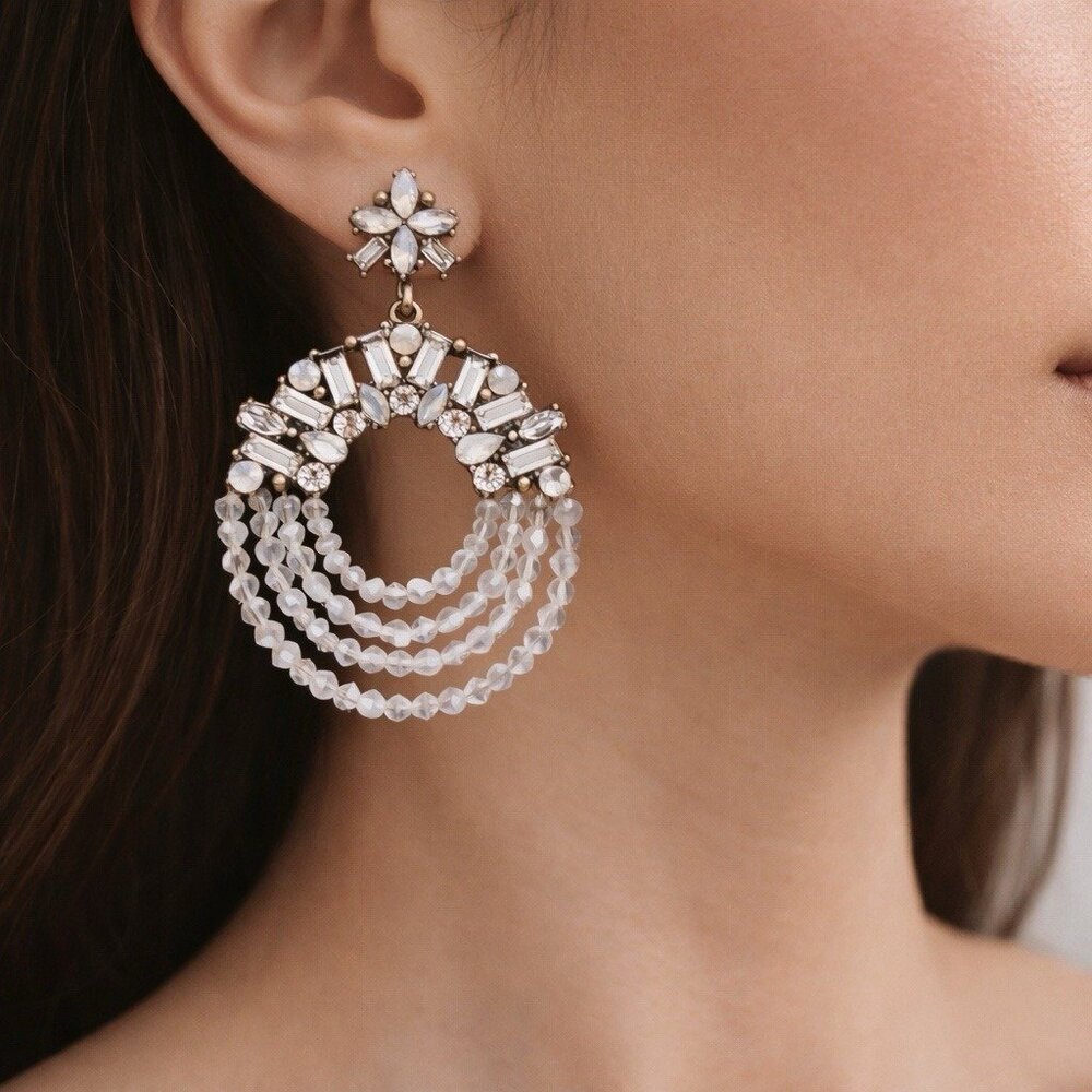 BaubleBar Gold Tone Crystal Rhinestone Beaded Drop Boho Statement Earrings Glam